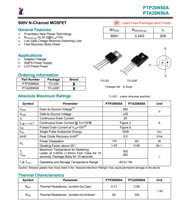 Mosfet tranzystor PTA20N50A N-channel 500V 20A PS5
