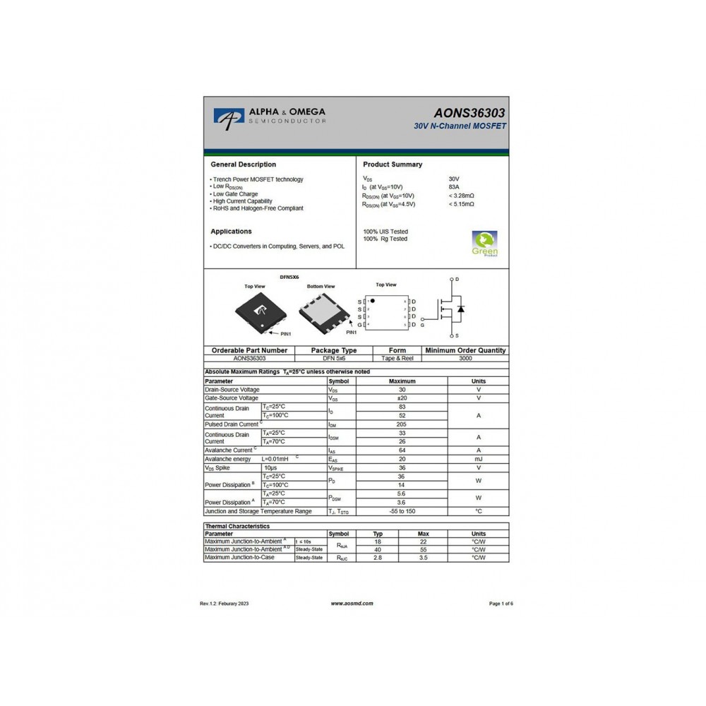 Lot De 5 Pièces AONR36368-HXY DFN-8L (3 X 3) - Composants Électroniques Haute Performance